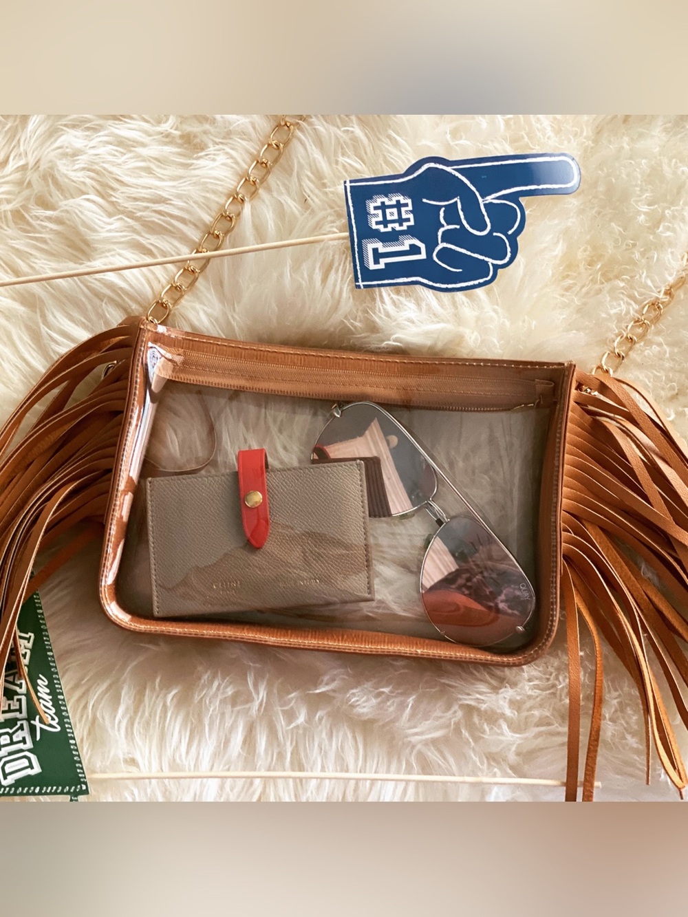 Camel Clear Crossbody Bag with Fringe
